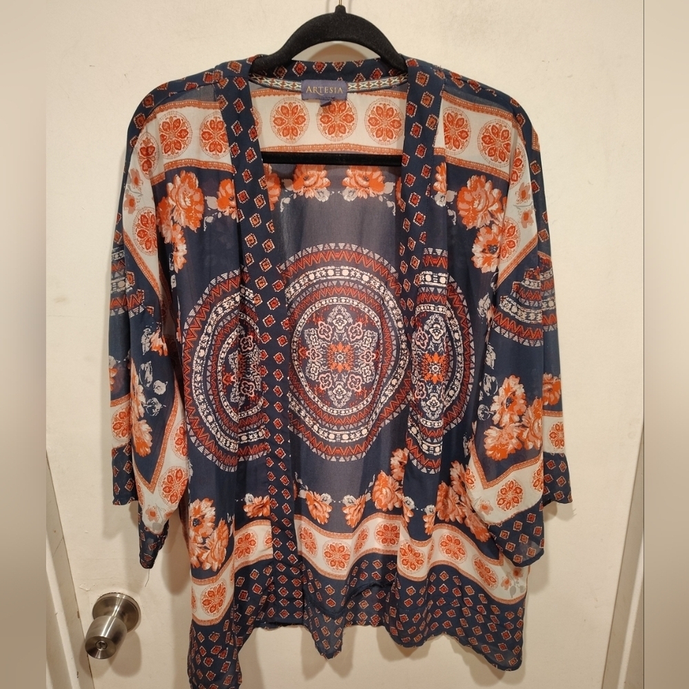 Artesia Women's Medallion Floral Print Kimono Cardigan Jacket Sz L Boho Festival